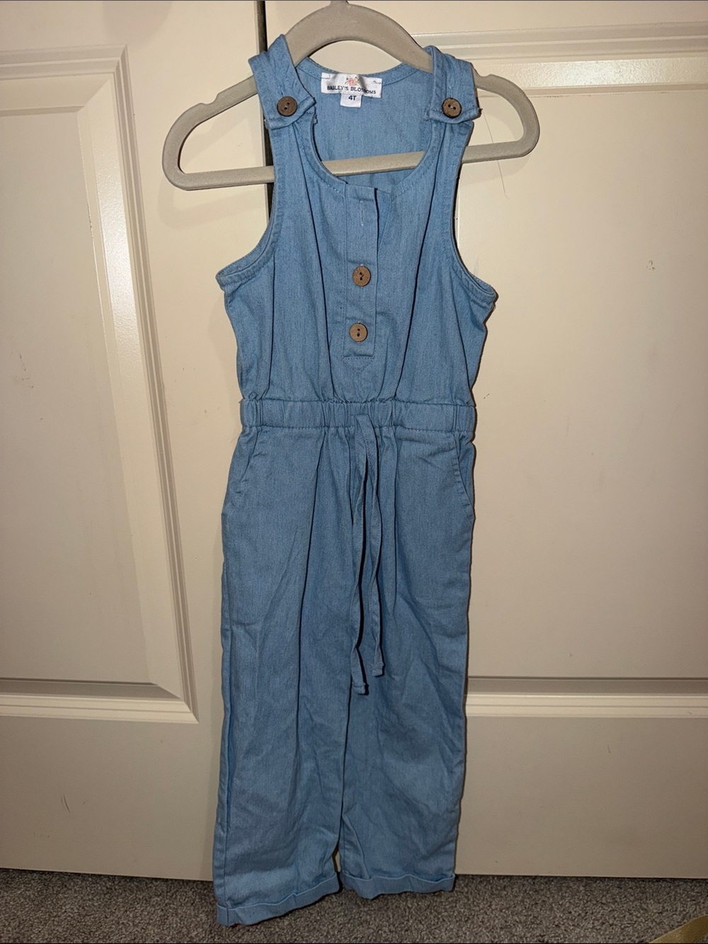 Light Blue Girls' Denim-Style Jumpsuit with Button Detail
